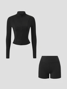 StreetHx Jaket Olahraga Elastis Resleting Pelangsing Wanita Eassivo, Pakaian Tenis, Versi Lengan Panjang - Hitam - View 5