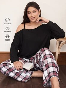 Doze Lane American Casual Relaxed Fit Asymmetric Shoulder Long Sleeve Woven Plaid Pants Plus Size Pajama Set - Black - View 1