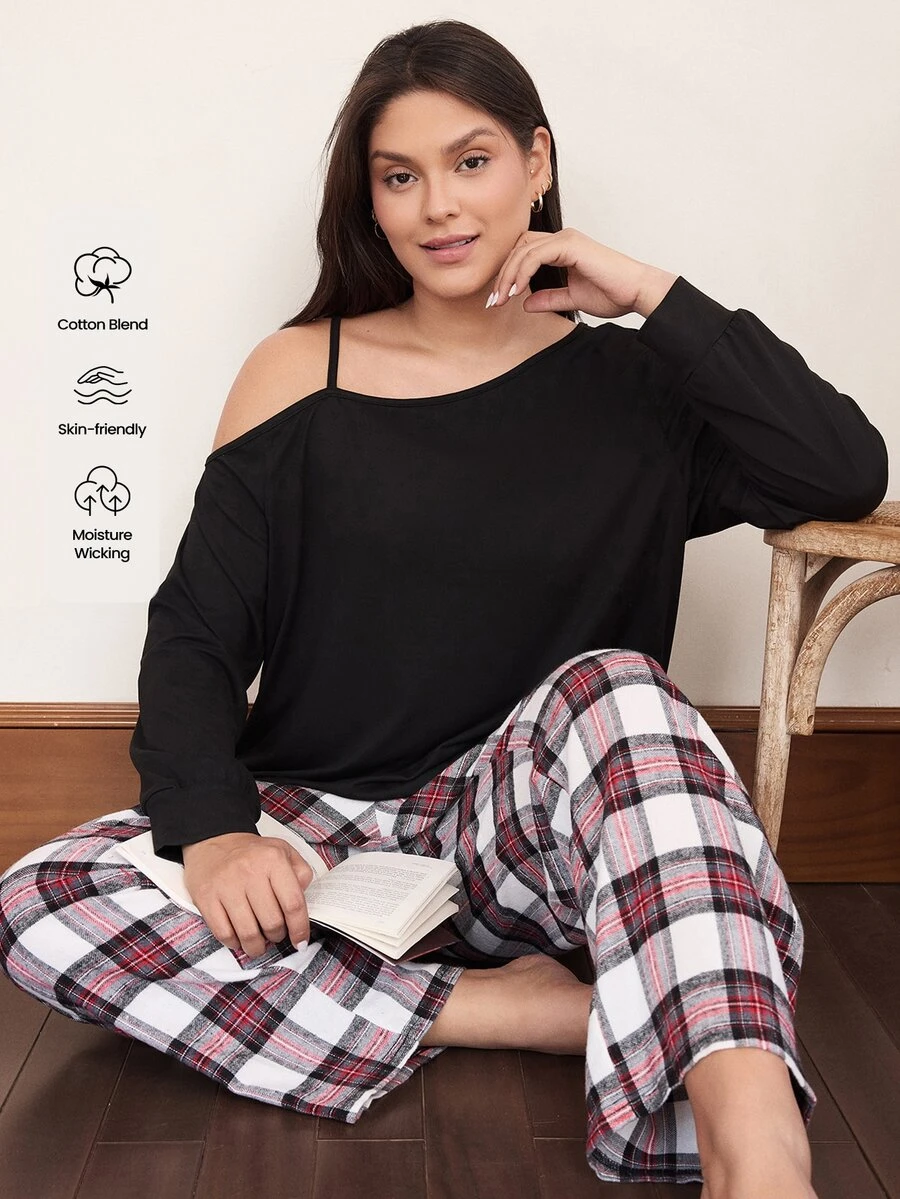 Doze Lane American Casual Relaxed Fit Asymmetric Shoulder Long Sleeve Woven Plaid Pants Plus Size Pajama Set - Black - View 1