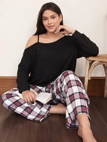 Doze Lane American Casual Relaxed Fit Asymmetric Shoulder Long Sleeve Woven Plaid Pants Plus Size Pajama Set - Black - View 9