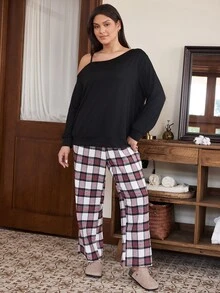 Doze Lane American Casual Relaxed Fit Asymmetric Shoulder Long Sleeve Woven Plaid Pants Plus Size Pajama Set - Black - View 10
