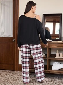 Doze Lane American Casual Relaxed Fit Asymmetric Shoulder Long Sleeve Woven Plaid Pants Plus Size Pajama Set - Black - View 11