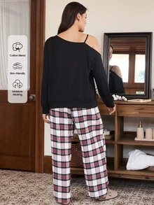 Doze Lane American Casual Relaxed Fit Asymmetric Shoulder Long Sleeve Woven Plaid Pants Plus Size Pajama Set - Black - View 3