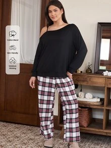 Doze Lane American Casual Relaxed Fit Asymmetric Shoulder Long Sleeve Woven Plaid Pants Plus Size Pajama Set - Black - View 2
