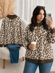 CosyJoli Plus Size Women's Leopard Print Casual Versatile Daily Wear Long Sleeve Sweater - Multicolor - View 1