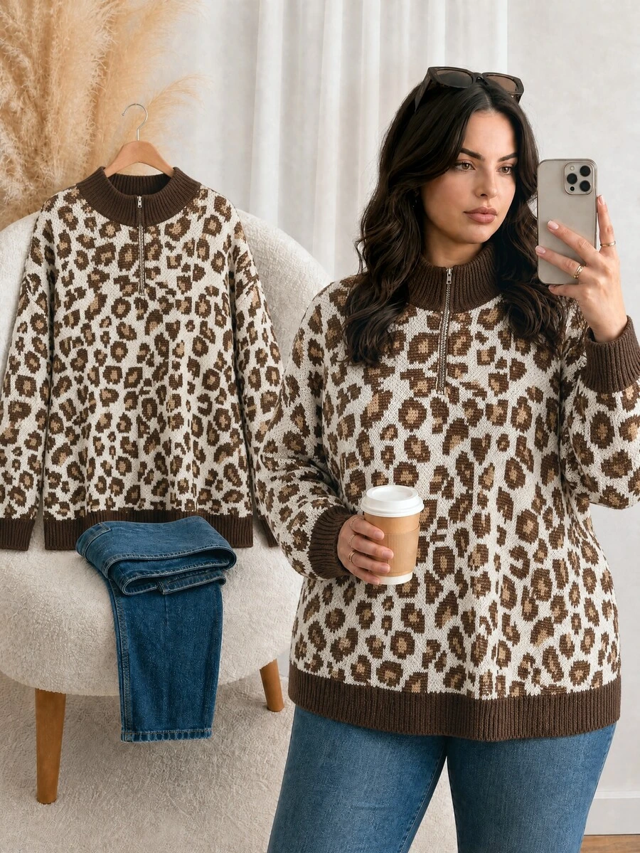 CosyJoli Plus Size Women's Leopard Print Casual Versatile Daily Wear Long Sleeve Sweater - Multicolor - View 1