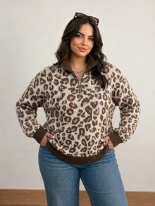 CosyJoli Plus Size Women's Leopard Print Casual Versatile Daily Wear Long Sleeve Sweater - Multicolor - View 3