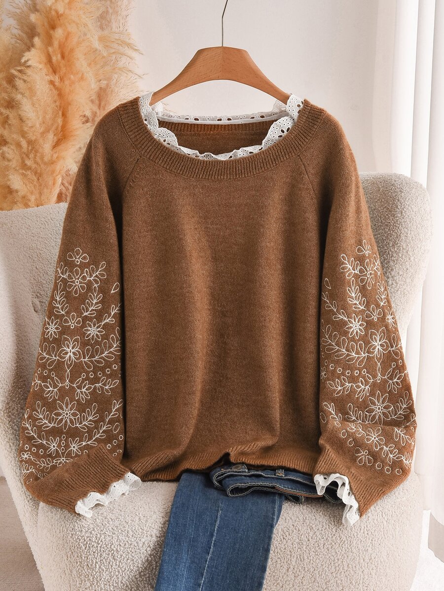 CosyJoli Plus Size Women Floral Embroidery Raglan Sleeve Casual Loose Pullover Sweater, Autumn/Winter Fall/Winter - Camel - View 1