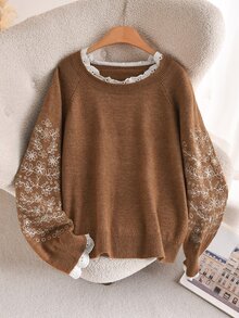 CosyJoli Plus Size Women Floral Embroidery Raglan Sleeve Casual Loose Pullover Sweater, Autumn/Winter Fall/Winter - Camel - View 6