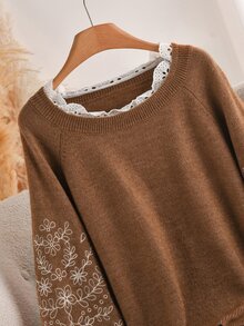 CosyJoli Plus Size Women Floral Embroidery Raglan Sleeve Casual Loose Pullover Sweater, Autumn/Winter Fall/Winter - Camel - View 4
