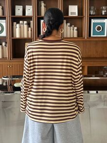 Muchica Plus Size Minimalist Casual Striped Colorblock Crew Neck Long Sleeve T-Shirt Fall - Multicolor - View 2