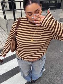 Muchica Plus Size Minimalist Casual Striped Colorblock Crew Neck Long Sleeve T-Shirt Fall - Multicolor - View 7