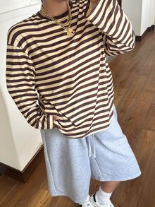 Muchica Plus Size Minimalist Casual Striped Colorblock Crew Neck Long Sleeve T-Shirt Fall - Multicolor - View 1