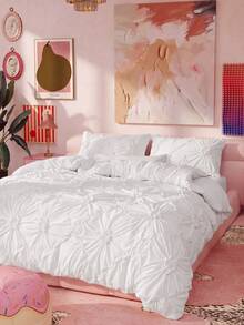 3pcs White Pleated Ruffle Floral Duvet Cover Set, Simple Luxury Modern Polyester Bedding Set, Soft & Breathable For All Seasons - White - View 7