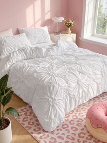 3pcs White Pleated Ruffle Floral Duvet Cover Set, Simple Luxury Modern Polyester Bedding Set, Soft & Breathable For All Seasons - White - View 1