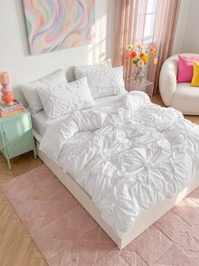3pcs White Pleated Ruffle Floral Duvet Cover Set, Simple Luxury Modern Polyester Bedding Set, Soft & Breathable For All Seasons - White - View 3