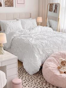 3pcs White Pleated Ruffle Floral Duvet Cover Set, Simple Luxury Modern Polyester Bedding Set, Soft & Breathable For All Seasons - White - View 6