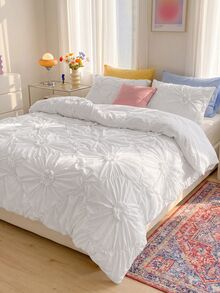 3pcs White Pleated Ruffle Floral Duvet Cover Set, Simple Luxury Modern Polyester Bedding Set, Soft & Breathable For All Seasons - White - View 9