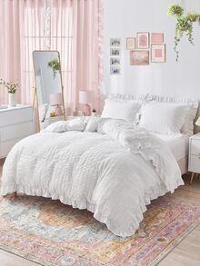 2/3pcs White Bubble Chiffon Polyester Duvet Cover Set With Ruffle Edges, Modern Fashionable & Cute, Suitable For All Seasons, Ideal For Teenagers And Students Back To School, Soft & Breathable Duvet Cover (1 Duvet Cover + 1/2 Pillow Sham, Filling Not Included) - White - View 5