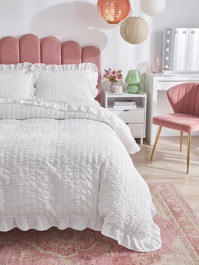 2/3pcs White Bubble Chiffon Polyester Duvet Cover Set With Ruffle Edges, Modern Fashionable & Cute, Suitable For All Seasons, Ideal For Teenagers And Students Back To School, Soft & Breathable Duvet Cover (1 Duvet Cover + 1/2 Pillow Sham, Filling Not Included)