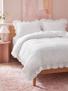 2/3pcs White Bubble Chiffon Polyester Duvet Cover Set With Ruffle Edges, Modern Fashionable & Cute, Suitable For All Seasons, Ideal For Teenagers And Students Back To School, Soft & Breathable Duvet Cover (1 Duvet Cover + 1/2 Pillow Sham, Filling Not Included) - White - View 4