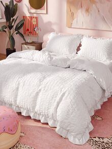 2/3pcs White Bubble Chiffon Polyester Duvet Cover Set With Ruffle Edges, Modern Fashionable & Cute, Suitable For All Seasons, Ideal For Teenagers And Students Back To School, Soft & Breathable Duvet Cover (1 Duvet Cover + 1/2 Pillow Sham, Filling Not Included) - White - View 2