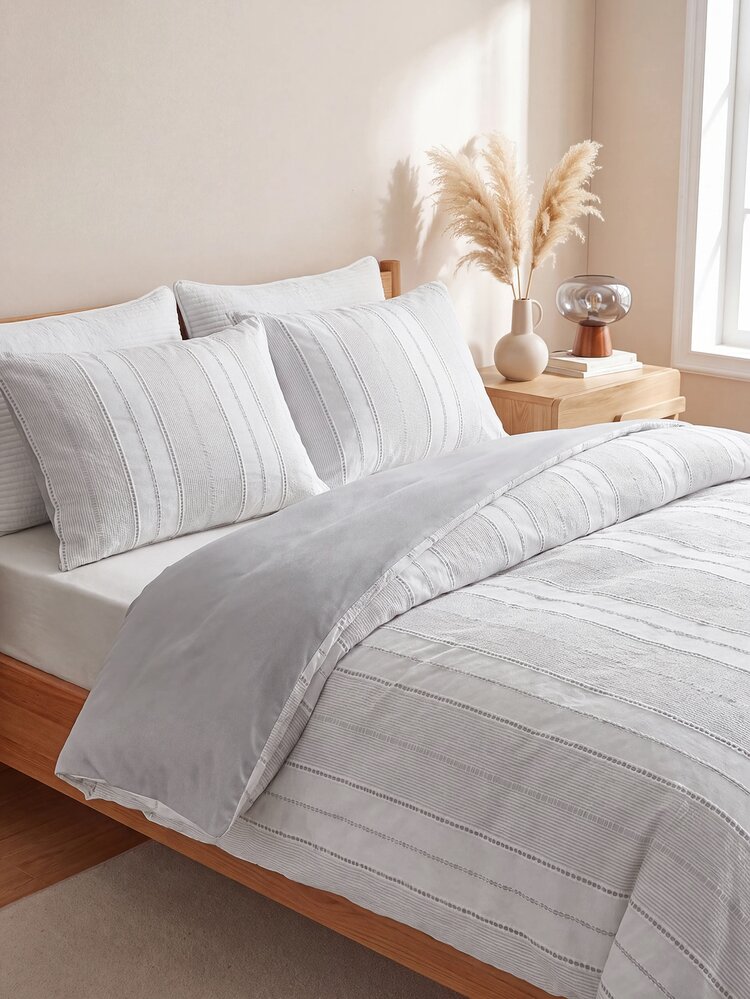 2/3pcs Nordic Ins Style Grey Woven Vertical Stripe Jacquard Duvet Cover Set, Minimalist Fashion Modern Polyester Bedding, Back To School Duvet Cover, Twin, Full, Queen, King (1 Duvet Cover + 1/2 Pillowcases, No Fillers) - Grey - View 8
