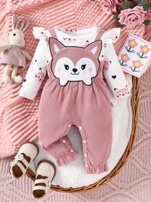 SHEIN Bộ đồ liền thân dài tay in họa tiết động vật hoạt hình dễ thương cho bé gái, mùa thu - Hồng - Xem 4