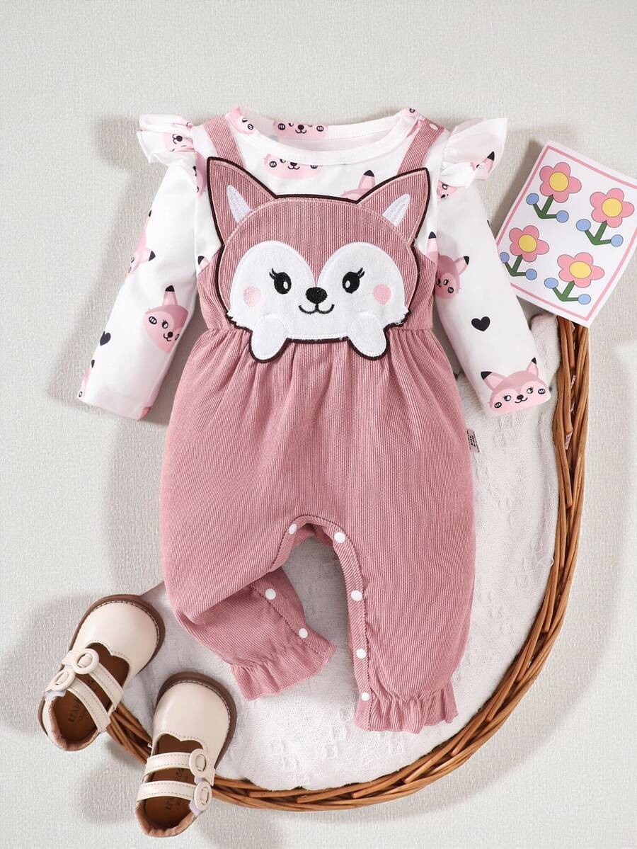 SHEIN Bộ đồ liền thân dài tay in họa tiết động vật hoạt hình dễ thương cho bé gái, mùa thu