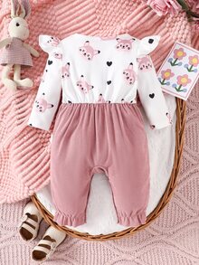 SHEIN Bộ đồ liền thân dài tay in họa tiết động vật hoạt hình dễ thương cho bé gái, mùa thu - Hồng - Xem 3