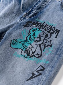 青少年男孩 Bolty 时尚休闲 Y2k 复古酷炫街头基础款简约蓝色涂鸦熊图案蓝色牛仔弹力紧身牛仔裤，适合日常穿着、秋冬季节、锐舞音乐节和街头服饰。 - 藍色 - 查看 7