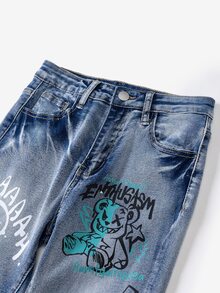 青少年男孩 Bolty 时尚休闲 Y2k 复古酷炫街头基础款简约蓝色涂鸦熊图案蓝色牛仔弹力紧身牛仔裤，适合日常穿着、秋冬季节、锐舞音乐节和街头服饰。 - 藍色 - 查看 6