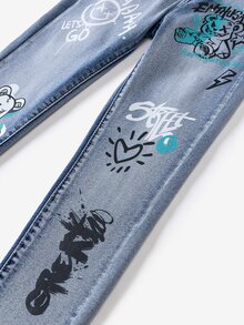 青少年男孩 Bolty 时尚休闲 Y2k 复古酷炫街头基础款简约蓝色涂鸦熊图案蓝色牛仔弹力紧身牛仔裤，适合日常穿着、秋冬季节、锐舞音乐节和街头服饰。 - 藍色 - 查看 5