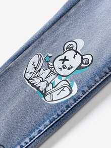 青少年男孩 Bolty 时尚休闲 Y2k 复古酷炫街头基础款简约蓝色涂鸦熊图案蓝色牛仔弹力紧身牛仔裤，适合日常穿着、秋冬季节、锐舞音乐节和街头服饰。 - 藍色 - 查看 4