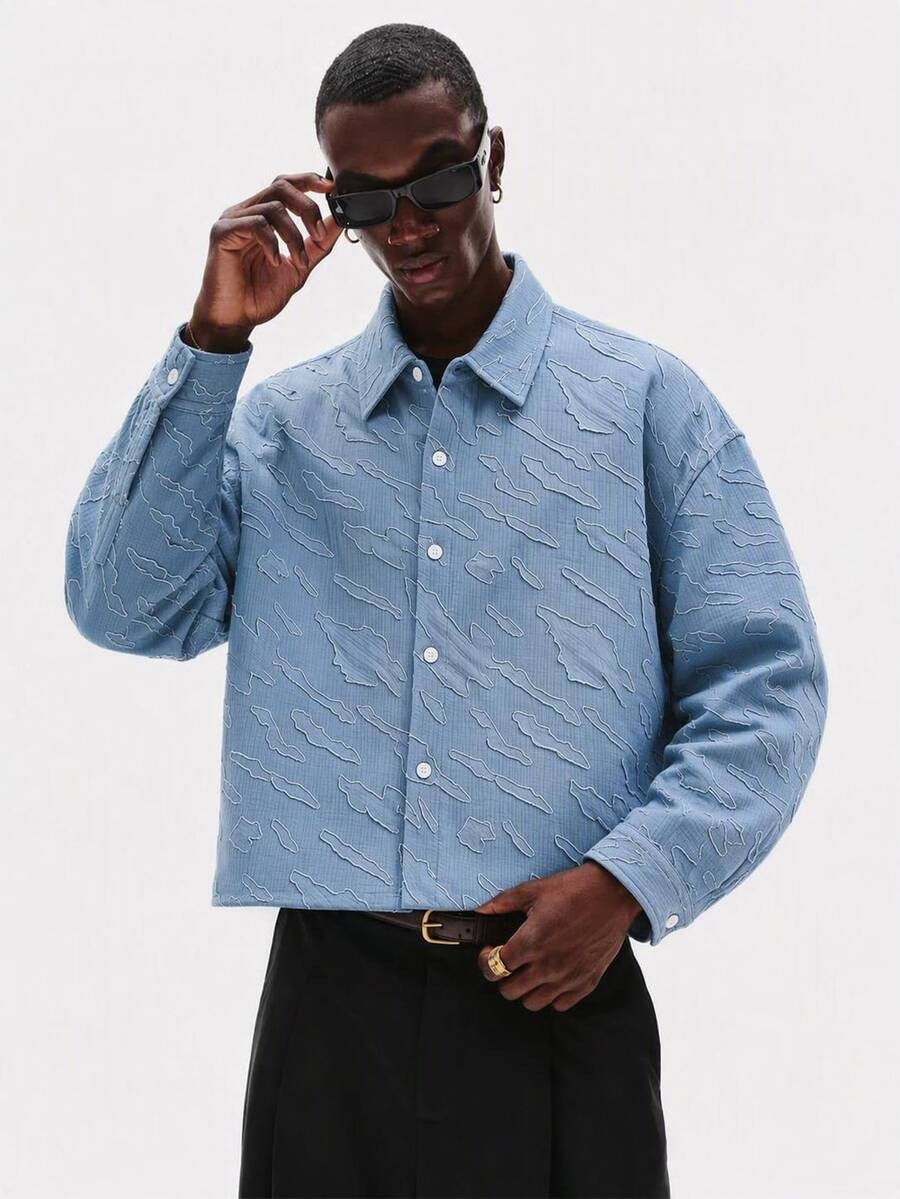STYNVO Men's Textured Long Sleeve Single-Breasted Casual Shirt - Blue - View 1