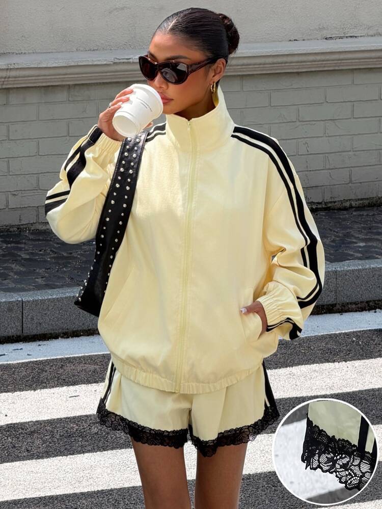 Muchica 女款秋季新款奶油黃黑對比織帶蕾絲拼接寬鬆夾克短褲套裝，適合日常外出、街頭風、Y2K、運動後時髦風 - 黃色 - 查看 1