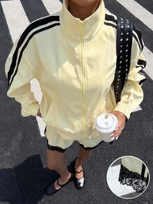 Muchica 女款秋季新款奶油黃黑對比織帶蕾絲拼接寬鬆夾克短褲套裝，適合日常外出、街頭風、Y2K、運動後時髦風 - 黃色 - 查看 1