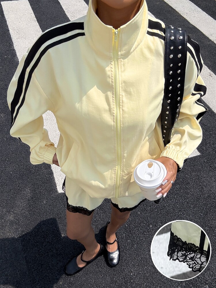 Muchica 女款秋季新款奶油黃黑對比織帶蕾絲拼接寬鬆夾克短褲套裝，適合日常外出、街頭風、Y2K、運動後時髦風 - 黃色 - 查看 3