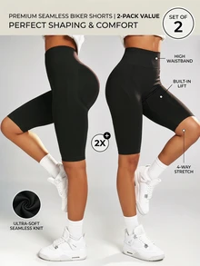Velisys Velisys 2pcs Women's Solid Color High Waist Seamless Elastic Sports Shorts - Black - View 3