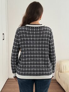 Easowa Curve 大尺碼女款格子長袖開襟針織開襟衫 秋季辦公正式黑白休閒優雅 - 黑與白 - 查看 2