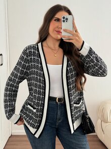 Easowa Curve 大尺碼女款格子長袖開襟針織開襟衫 秋季辦公正式黑白休閒優雅 - 黑與白 - 查看 8