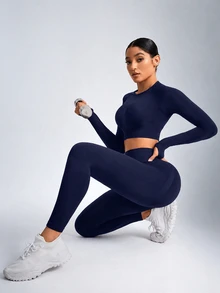 Solea Cove Solea Cove Women Solid Color Open Back Seamless Sports Set Gym Set Workout Women Set Women Leggings Setgym Set - Navy Blue - View 9