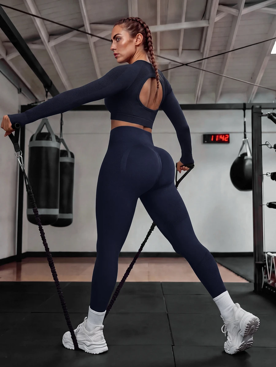 Solea Cove Solea Cove Women Solid Color Open Back Seamless Sports Set Gym Set Workout Women Set Women Leggings Setgym Set