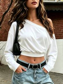 Rovax Autumn American Style Asymmetrical Shoulder Asymmetric Casual Minimalist Streetwear Top - White - View 5