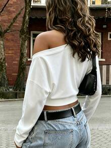 Rovax Autumn American Style Asymmetrical Shoulder Asymmetric Casual Minimalist Streetwear Top - White - View 2