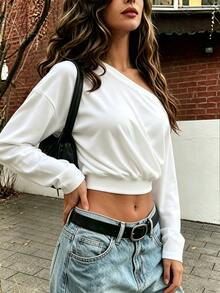 Rovax Autumn American Style Asymmetrical Shoulder Asymmetric Casual Minimalist Streetwear Top - White - View 3