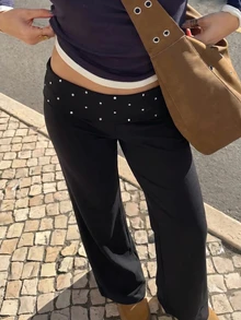 Muchica 女款黑色針織折腰鉚釘裝飾直筒長褲，適合外出、街頭風、Y2K - 黑色 - 查看 4