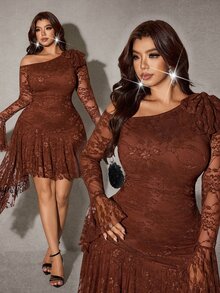 Viva Relle Party Plus Size Elegant Sexy Lace Asymmetric Neckline Bell Sleeve Asymmetrical Hem Mini Dress, Autumn/Winter Fall - Coffee Brown - View 1