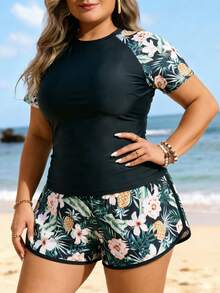 Swim SPRTY Plus Size Women 2pcs/Set White Long Sleeve Rash Guard Loose Shorts Bikini Set Set Beach Vacation Summer - Black - View 4