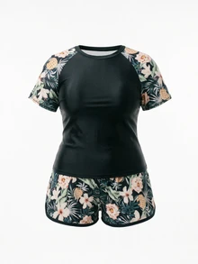 Swim SPRTY Plus Size Women 2pcs/Set White Long Sleeve Rash Guard Loose Shorts Bikini Set Set Beach Vacation Summer - Black - View 6